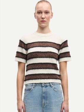 SAMSOE SAMSOE Sacian Stripe Black & Coffee Short Sleeve Top Size M